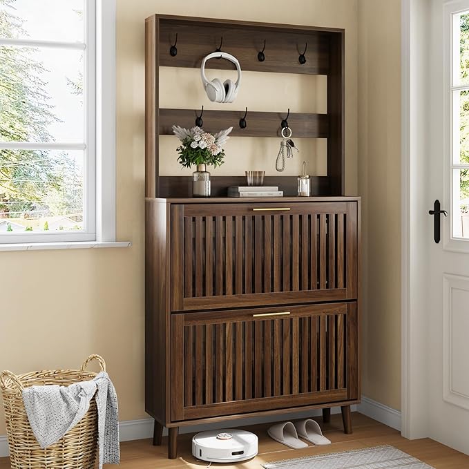 Upgraded 62.99“ Tall Shoe Cabinet with Rack and 7 Hooks, Flip-Down Slatted Drawer Shoe Storage & Coat Rack, Narrow Entryway Shoe Organizer, Walnut