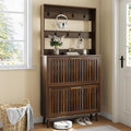 Upgraded 62.99“ Tall Shoe Cabinet with Rack and 7 Hooks, Flip-Down Slatted Drawer Shoe Storage & Coat Rack, Narrow Entryway Shoe Organizer, Walnut