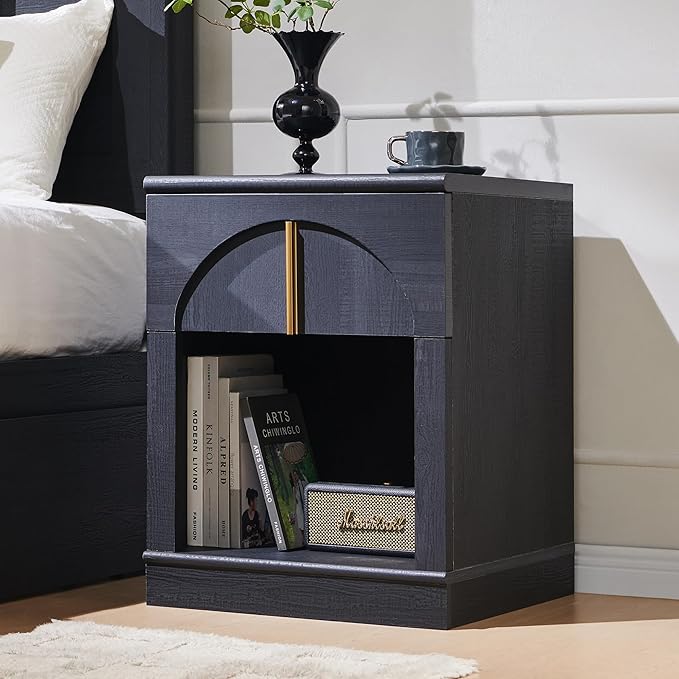 ACCOHOHO Modern Night Stand Set 2 with Arched Panel,18" Wooden nightstand with Charging Station,Bedside Table with Drawer Storage,Side End Table with Open Shelf for Bedroom,Living Room,Black