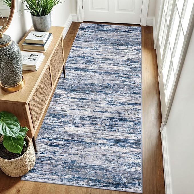 3x8 Modern Abstract Runner Rug for Hallways, Navy Blue Gray Neutral Multi Super Soft Hallway Decor Kitchen Rugs with Non-Slip, Non-Shedding Washable Rug for Entryway Bedroom Indoor