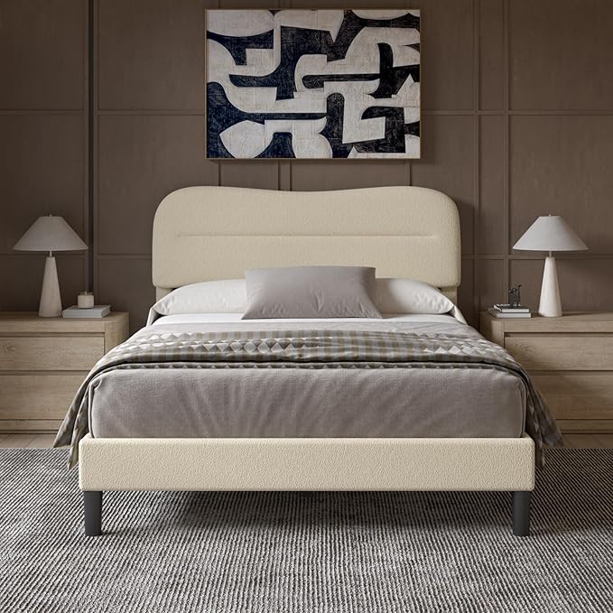 Full Size Bed Frame, Upholstered Cloud Bed Frame with Headboard, Teddy Soft Rounded Corners Boucle Fabric Bed Frame Full, Modern Style, Beige