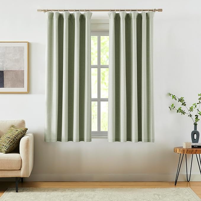 Vision Home Light Green Linen Full Blackout Curtains for Bedroom Living Room Darkening Energy Efficient Window Panels 72 inch Thermal Insulated Rod Pocket Back Tab Linen Drapes 56" Wx72 Lx2