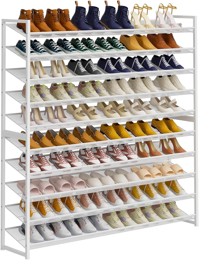 Large Shoe Rack 10 Tier Shoe Organizer, Heavy Duty Metal 5-Tier Stackable Shoe Storage Vertical Shoe Rack for Closet Front Door Entrance, Up to 62 Pairs, 44.8" W x 11.4" D x 71.2" H, White