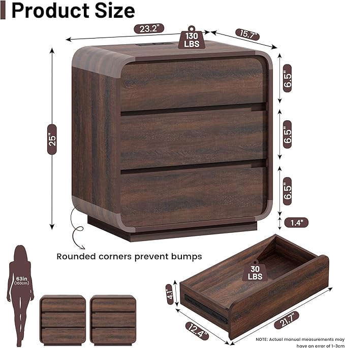 Modern Nightstand Set of 2, 23.2" Wide Wood Bedside Table with Charging Station, 3 Storage Drawers Side Table Curved Profile, Handleless, Large End Table Night Stand for Bedroom, Walnut ﻿