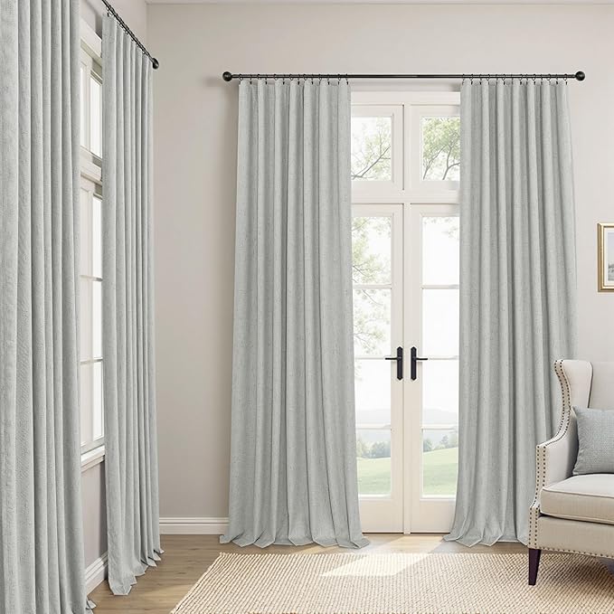 Extra Long White Gray Blackout Curtains 108 Inch Long for Living Room 2 Panel Lightweight Linen Textured Total Black Out Darkening Light Grey Drape for Sliding Glass Doors Back Tab Pocket 9ft Length