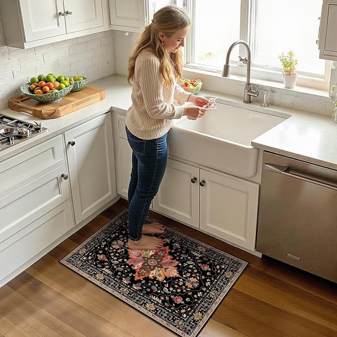 Area Rugs 2'x3' Washable Non-Slip, Floral Vintage Distress Print Pattern Medallion Carpet for Living Room Bedroom Dining Room, Black Colorful Floral Dark Tan