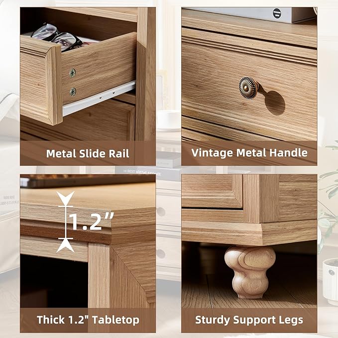 24" Wide Farmhouse Nightstand Set of 2 with Charging Station,End Table with 2 Drawers,Natural Wood Dresser for Bedroom Cabinet, Bed Side Table Chest of Drawers, Night Stand for Living Room
