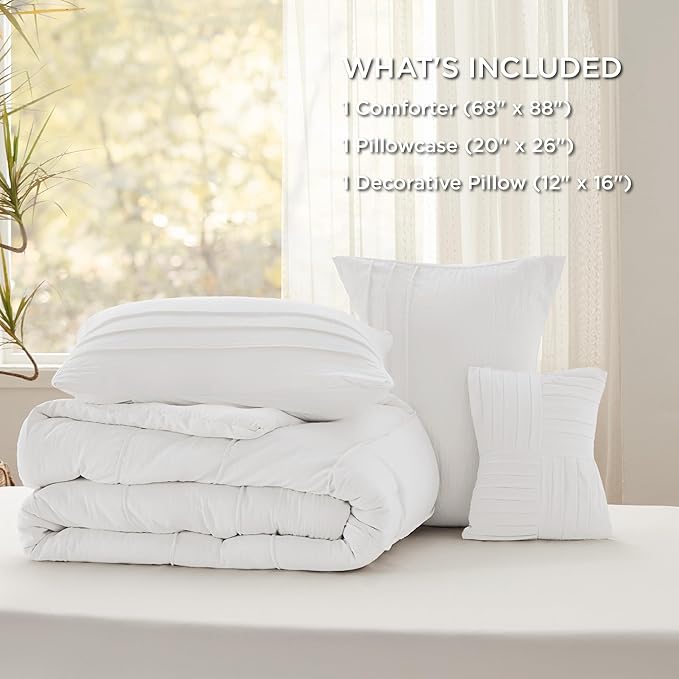 Bedsure White Twin Comforter Set - 3 Pieces Pinch Pleat Bed Set, Down Alternative Bedding Sets for All Season, 1 Comforter, 1 Pillowcase, 1 Decorative Pillow