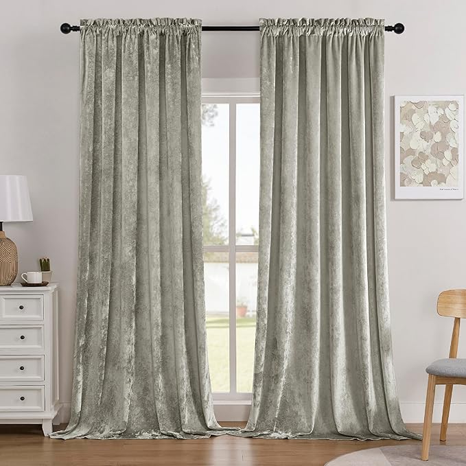 SMILETIME Silver Grey Crushed Velvet Curtains 52x96inch Rod Pocket Luxurious Thermal Insulated Soundproof Drapes Soft and Durable Light-Filtering Window Treatments for Living Room Bedroom, 2 Panels