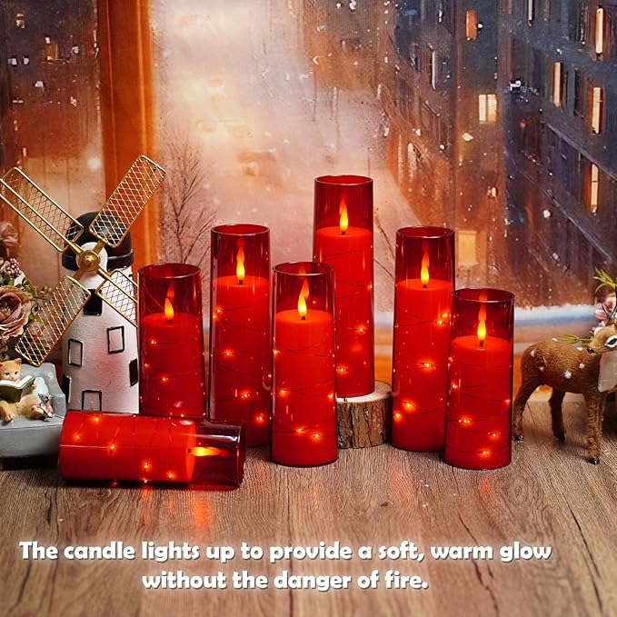Flameless LED Candles with Timer 24 Pc Flickering Flameless Candles for Romantic Ambiance and Home Decoration Stable Acrylic Shell,with Embedded Star String，Battery Operated Candles（Red）