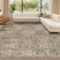 Washable 8x12 Large Living Room Area Rug - Non Pile Floral Design Carpet for Dining Room Under Table, Low Pile Vintage Bedroom Rugs, Forest Stain Resistance (Moss & Brown)