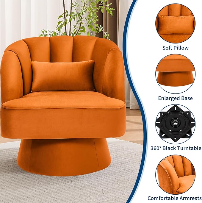 GarveeHome Modern Swivel Barrel Accent Chair, 360° Velvet Upholstered Armchair with Striped Backrest & Plush Padding, Comfy Round Lounge Chair (1, Orange + Velvet)