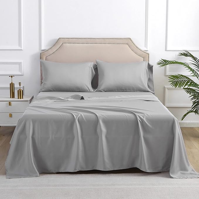 Linen World Lyocell Cooling Bed Sheets Set Queen Size,100% Organically Grown Viscose Sheets,Deep Pocket Up to 16",4 Pieces Silky Soft,Breathable Bedding Sheets & Pillowcases(Light Gray,Queen)