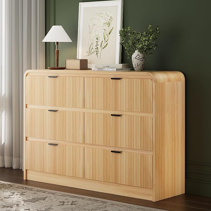 FURSUN Fluted 6 Drawers Dresser for Bedroom, 54" Wide Wooden Dresser with Metal Handle, Curved Profile Design, Modern Storage Organizer for Bedroom, Living Room, Hallway, Natural Oak