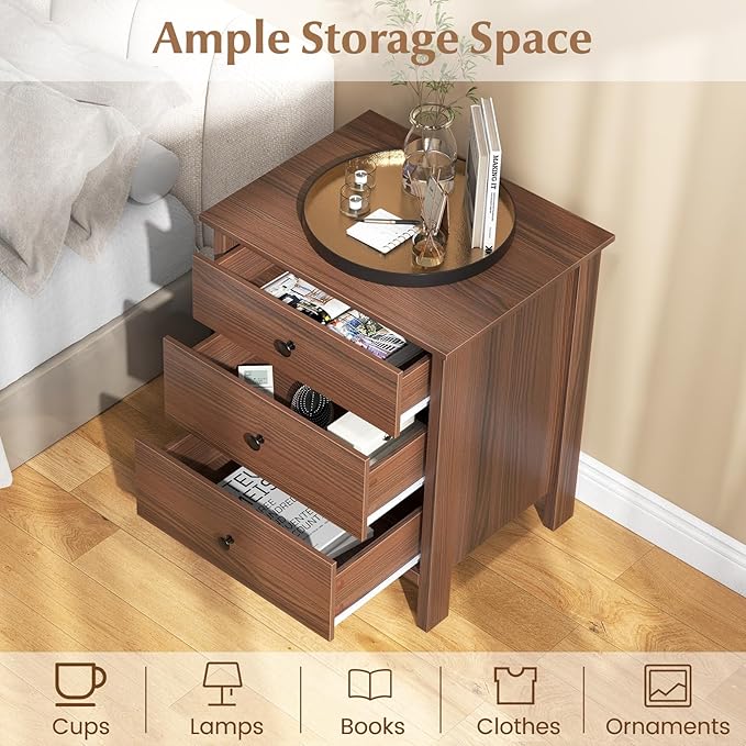 Giantex Set of 2 Nightstand with Drawers Solid Structure Side Table for Storage Bedroom, Living Room Accent Furniture Small Spaces Side End Table, (Brown, 24 in x 18 in x 26 in)