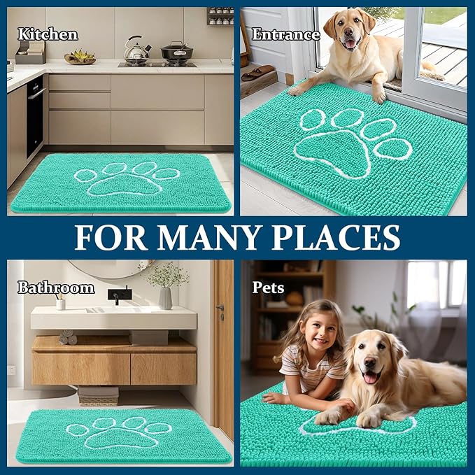 OLANLY Dog Door Mat for Muddy Paws 48x30, Paw Print Design, Absorbs Moisture and Dirt, Absorbent Non-Slip Washable Doormat, Quick Dry Chenille Mud Mat for Dogs, Entry Indoor Entryway Carpet, Teal
