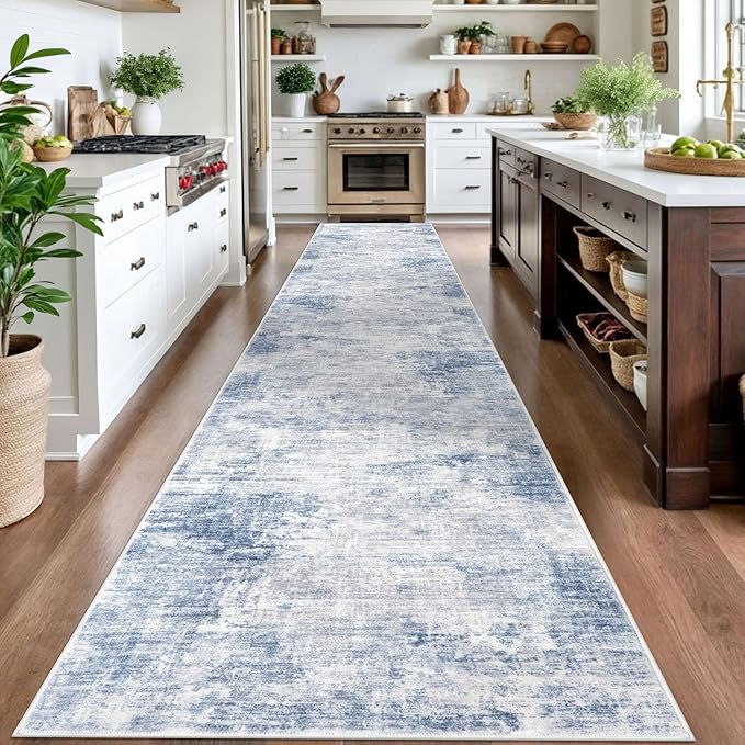 IOHOUZE Abstract Runner Rug 3x16 Ft Washable Runners for Hallways, Non Slip Kitchen Runner Printed Faux Wool Entryway Runner Indoor, Modern Abstract Floor Carpet for Hall Stair, Light Blue White