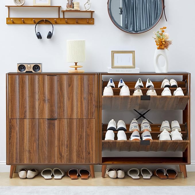 31.5” Fluted Shoe Cabinet Storage with 2 Flip Drawers,Narrow Freestanding Shoe Storage Organizer,Slim Shoe Rack Cabinet for Entryway,Hallway (Walnut)