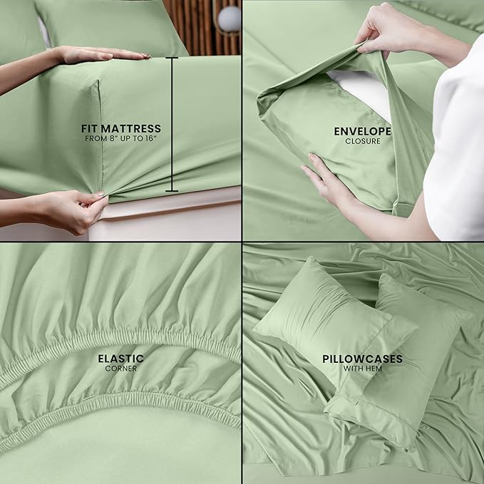 Utopia Bedding King Sheet Set – 4 Piece Bed Sheets for King Size Bed, Soft and Breathable Microfiber, Includes 1 Fitted Sheet, 1 Flat Sheet and 2 Pillowcases (Sage)