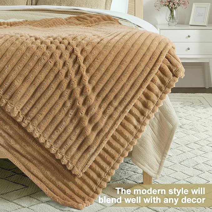 decorUhome Christmas Soft Fleece Brown Blanket Queen Size for Bed, Cozy Fluffy Plush Flannel Large Striped Throws for Couch Sofa, Lightweight Decorative Fuzzy Blanket for Woman, 90x90 Inches