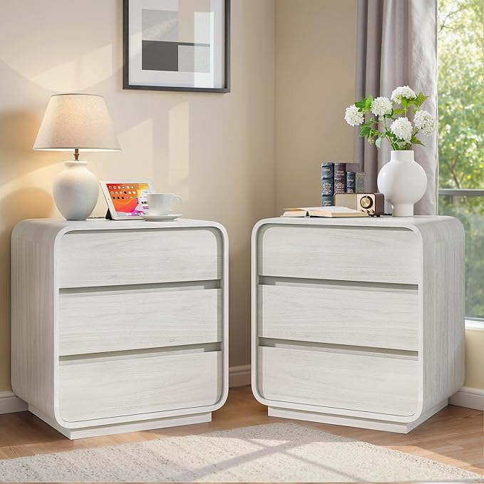 White Nightstand with Charging Station, 25" Tall Wood Bedside Table, Modern Dresser End Table with 3 Storage Drawers, Curved Profile, Mid Century Night Stand for Bedroom Dorm Sofa Office
