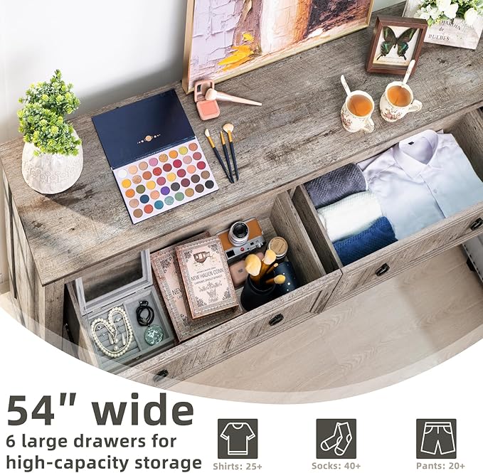 Bedroom Dresser and Nightstand Sets 4 Piece, Farmhouse 6 Drawers Dresser & 40.5" Tall Chest of Drawers,18" Nightstands with Charging Station,54" Wide Furniture Dressers for Bedroom,Living Room