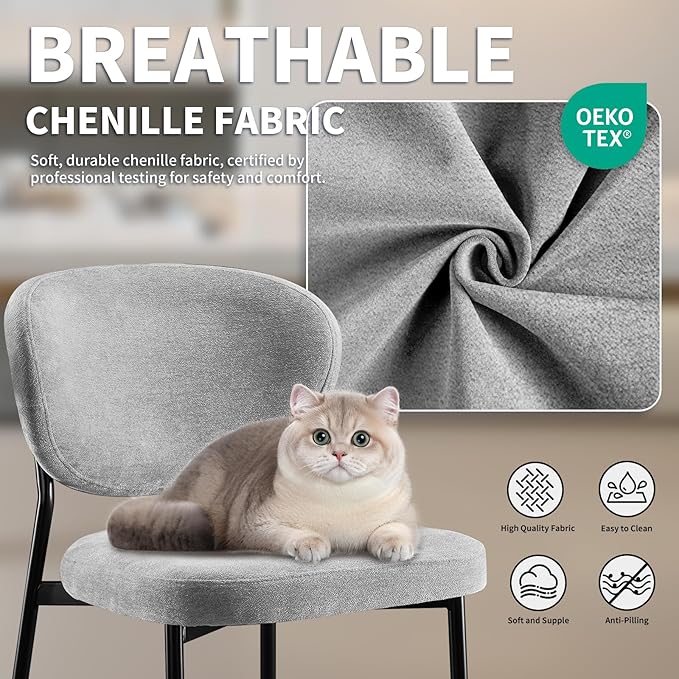 Dining Chairs Set of 2 Chenille Upholstered Dining Room Chairs with Crescent-Shaped Backrest Modern Ergonomic Accent Kitchen Chairs with Swivel Leveling Feet for Bedroom/Vanity Grey