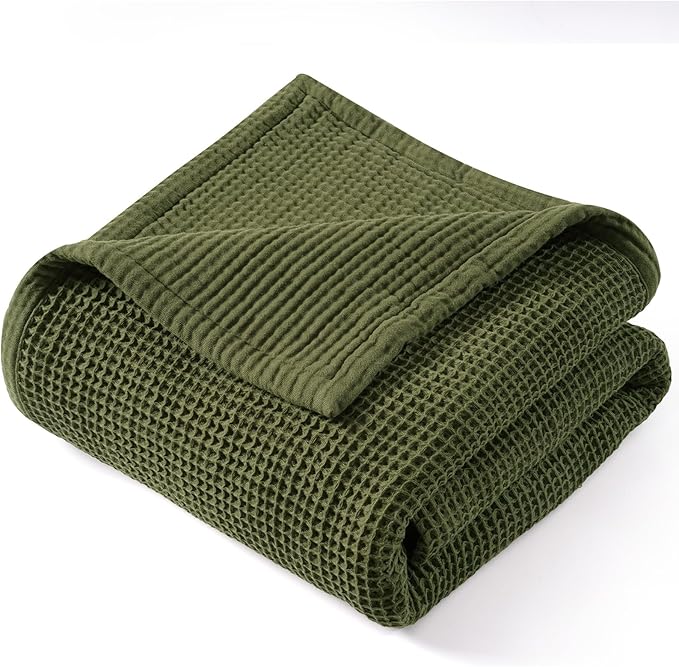 PHF 100% Cotton Waffle & Muslin Blanket Queen Size, Soft Breathable Luxury 400GSM Versatile Reversible Bedding for Bed, Great for Layering in Cold Weather, Home Decor Gift, 90" x 90", Olive Green