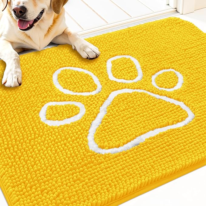 OLANLY Dog Door Mat for Muddy Paws 30x20, Paw Print Design, Absorbs Moisture and Dirt, Absorbent Non-Slip Washable Doormat, Quick Dry Chenille Mud Mat for Dogs, Entry Indoor Entryway Carpet, Yellow