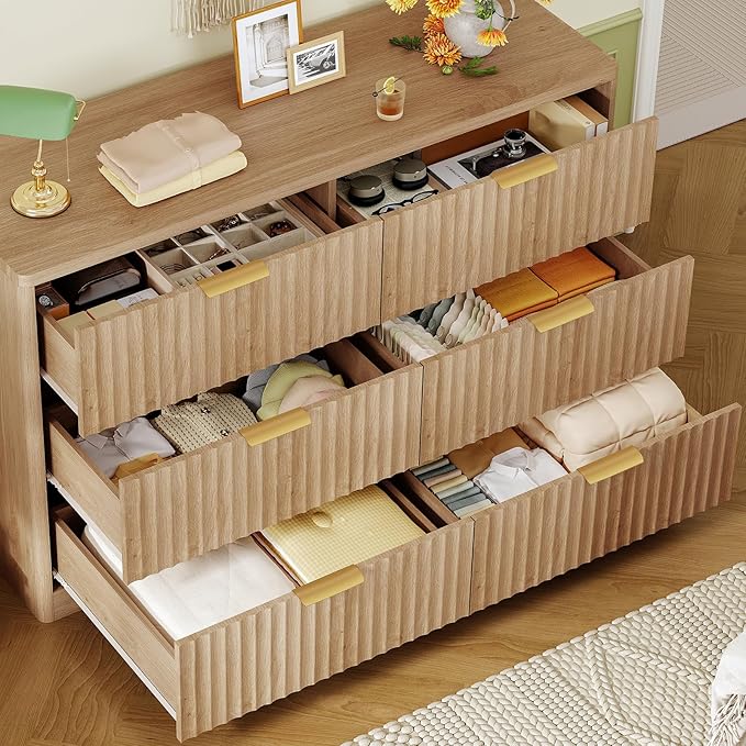 TEENFON Fluted 6 Drawer Dresser for Bedroom, Wide Modern Chest of Drawers with Metal Handle, Curved Profile Design, Wood Closet Clothes Storage Organizer for Bedroom, Living Room, Hallway, Natural