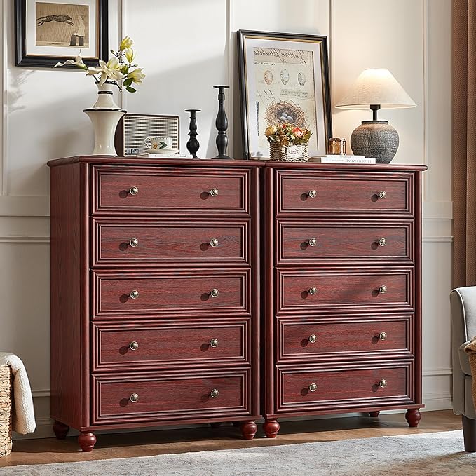 Farmhouse 5 Drawers Dresser for Bedroom, Wood 45" Tall Dressers Chest of Drawers, Kids Dresser Rustic Storage Dressers Organizer with Metal Handle Closet for Living Room, Hallway, Red Oak