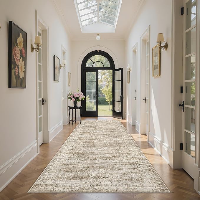 Washable Runner Rug, 2'6" x 8' Non-Slip Kitchen Vintage Foldable Hallway Runners for Entryway, Laundry, Bedroom, Brown