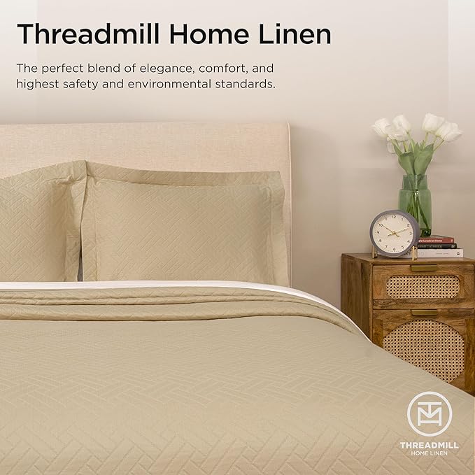 Threadmill Luxury Cotton Blankets for Queen Size Bed | All-Season 100% Cotton Queen Size Blanket | Criss Cross Jacquard Cozy Lightweight, Soft Breathable Coverlet fits Full Size Bed, 90x92 | Beige