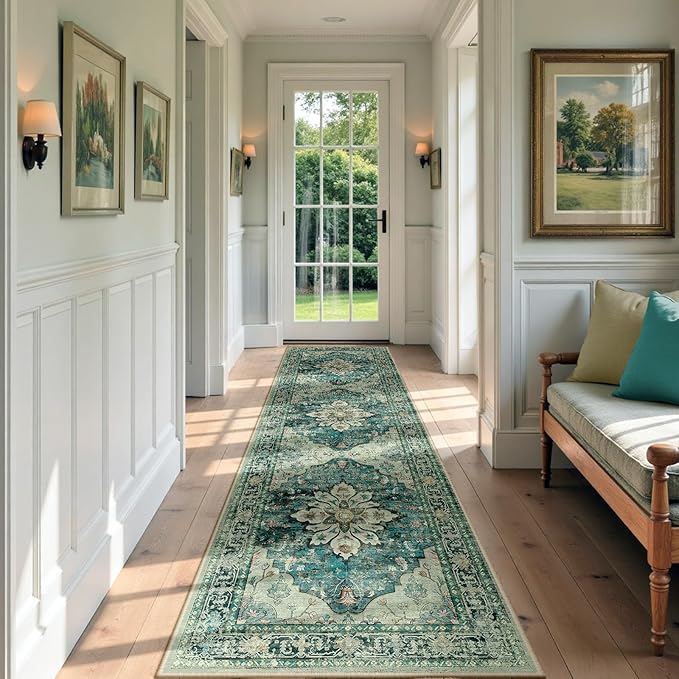 Area Rugs 2'x7' Washable Non-Slip, Floral Vintage Distress Print Pattern Medallion Carpet for Living Room Bedroom Dining Room, Dark Blue Vintage