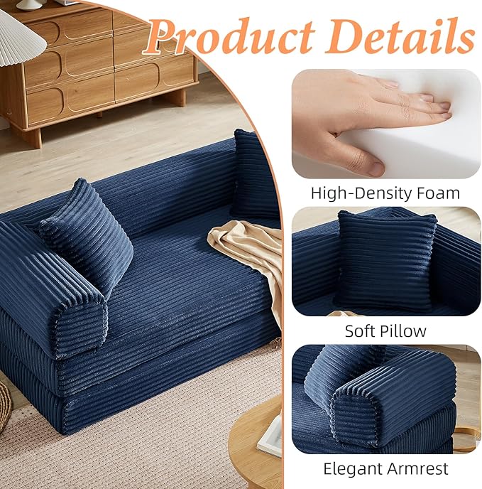 78 Inch Convertible Folding Sleeper Sofa Bed, Fold Out Floor Sofa Couch with Fixed-Shape Frame, Cloud Corduroy Foldable Mattress Couch for Living Room Bedroom (Blue)
