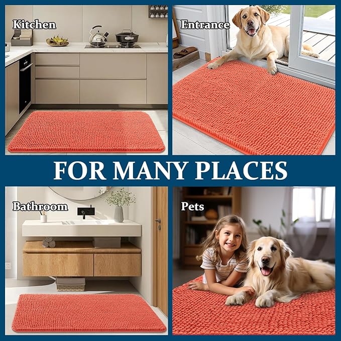 OLANLY Dog Door Mat for Muddy Paws 30x20, Absorbs Moisture and Dirt, Absorbent Non-Slip Washable Doormat, Quick Dry Chenille Mud Mat for Dogs, Entry Indoor Entryway Carpet for Inside Floor, Coral