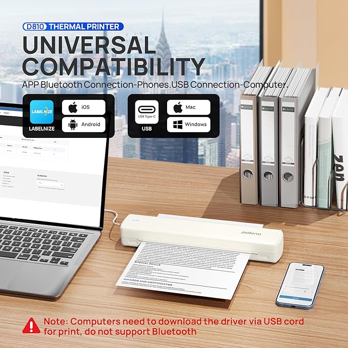 POLONO Portable Printer Wireless for Travel, D810 Bluetooth Thermal Printer Support for 8.5"x11" US Letter, Beige