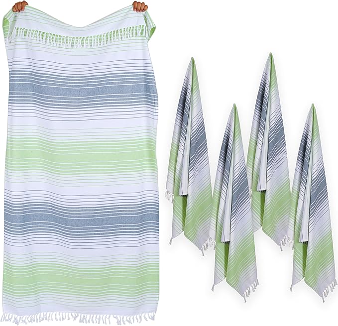 Native Fab Oversized Beach Towel, 4 Pack, 40x71 inches 100% Cotton Turkish Peshtemal for Adults,Soft & Absorbent, Extra Large Beach Towel for Hammam Spa Beach Blanket Bath, Cabana Strips, Green White