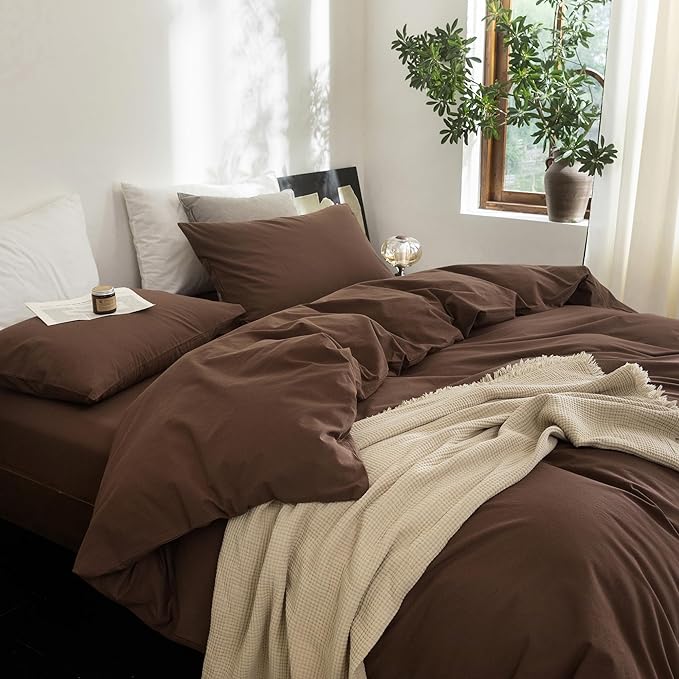 FOSSA Duvet Cover Set 100% Washed Cotton Linen Feel Super Soft Breathable Cozy Simple Style 3 Pieces Bedding Sets Solid Cocoa Brown Twin