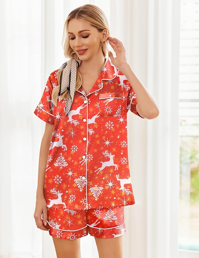 Ekouaer Womens Silk Satin Pajama Sets Soft Short Sleeve Button Down Sleepwear Top and Shorts 2 Piece Pjs Lounge Set