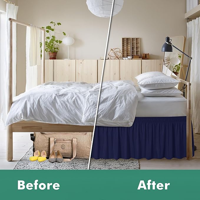 Biscaynebay Wrap Around Bed Skirts with Split Corners for Queen Beds 18" Drop, Navy Adjustable Elastic Dust Ruffles Easy Fit Wrinkle Resistant Silky Luxurious Fabric Machine Washable