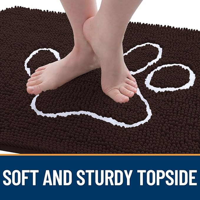 OLANLY Dog Door Mat for Muddy Paws 47x24, Paw Print Design, Absorbs Moisture and Dirt, Absorbent Non-Slip Washable Doormat, Quick Dry Chenille Mud Mat for Dogs, Entry Indoor Entryway Carpet, Brown