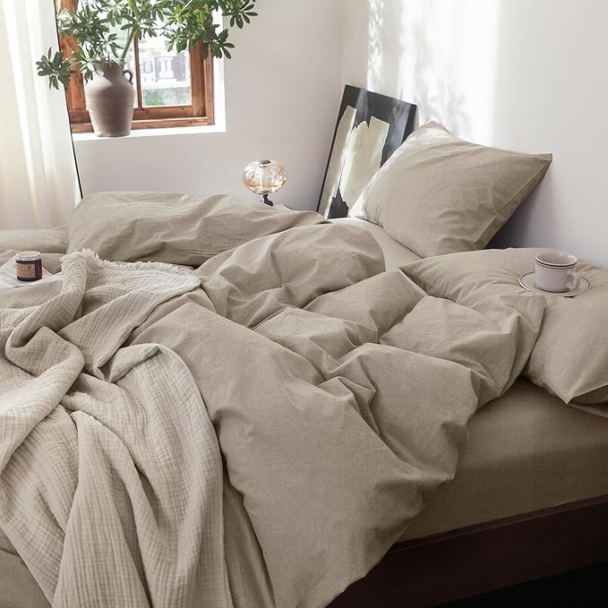 FOSSA Duvet Cover Set 100% Washed Cotton Linen Feel Super Soft Breathable Cozy 3 Pieces Bedding Sets Solid Tannish Linen Grey King