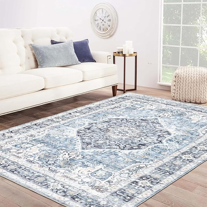 Area Rug 9×12, Large Vintage Boho Rug,Ultra-Soft Low Pile, Washable, Non Slip,Stain Resistant, Printed Carpet for Living Room Bedrooms Playroom Office Kitchen, Light Blue
