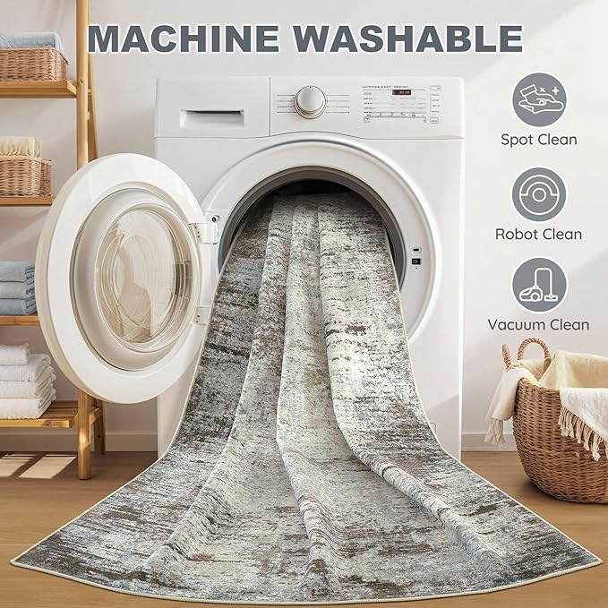 Area Rug Living Room Rugs - 5x7 Washable Large Soft Indoor Neutral Modern Abstract Low Pile Rug Carpet for Bedroom Dining Room Farmhouse Home Office - Brown Rust