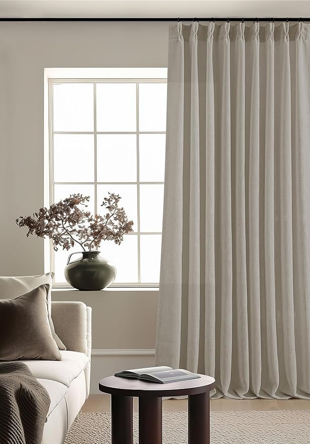Extra Wide Curtains 90 Inches Long 60 Inch Width for Living Room Bedroom Light Filtering Semi Sheer Farmhouse Pleated Curtain Hooks Rings for Patio Sliding Door Large Window Burlywood Taupe 1 Panel