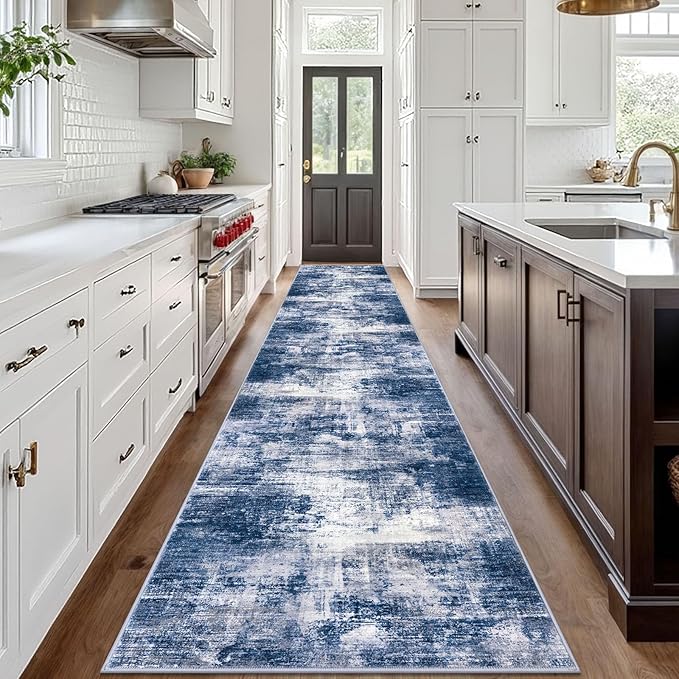 IOHOUZE Abstract Runner Rug 3x18 Ft Washable Runners for Hallways, Non Slip Kitchen Runner Printed Faux Wool Entryway Runner Indoor, Modern Abstract Floor Carpet for Hall Stair, Navy/Grey