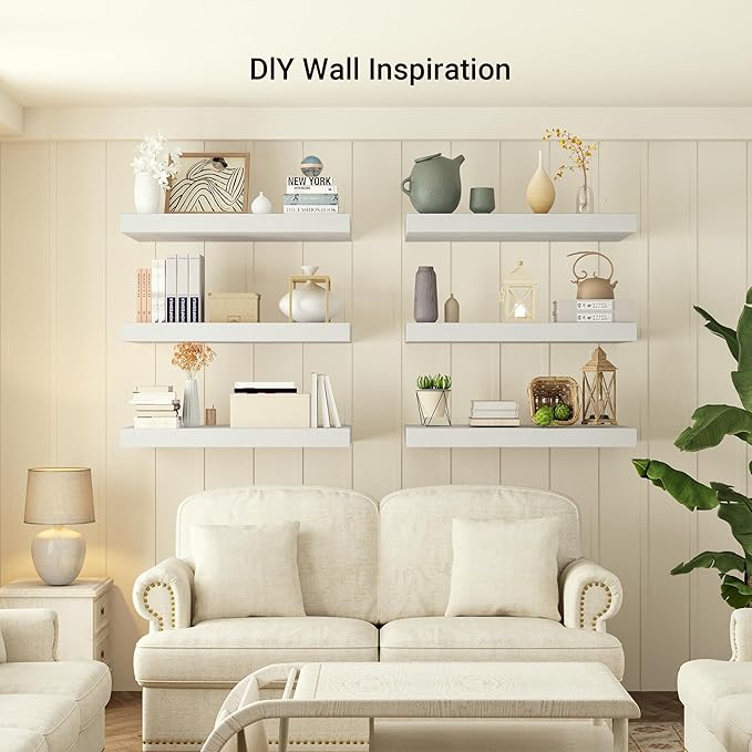 Heimlove 12 Inch Deep Floating Shelves, 55 x 12 inches Long Wall Shelf, Large Extra Display Shelf & Storage Shelf, Rustic Wood Wall Shelves for Fireplace Mantel, Set of 1(White)