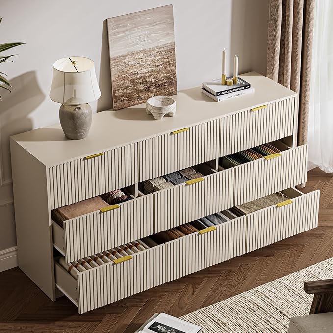 Beige 9 Drawer Dresser for Bedroom, 63" Wide Modern Fluted Dresser with Gold Metal Handles, Chest of Drawers for Bedroom, Living Room, Entryway, Hallway