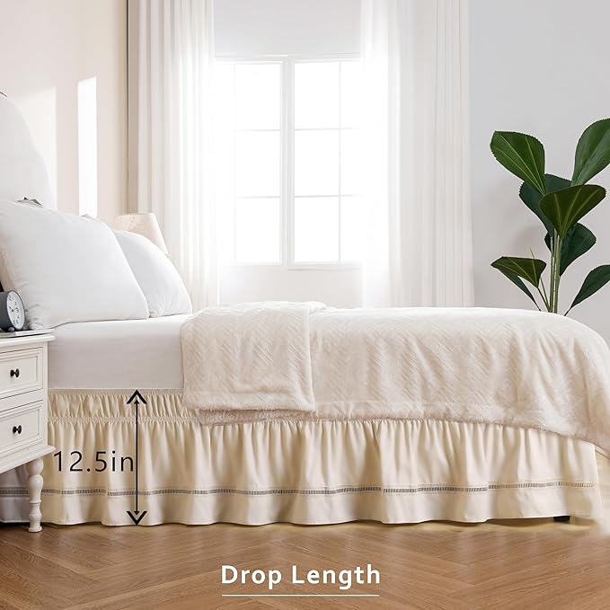 MIYE Wrap Around Ruffled Lace Bed Skirt, Elastic Dust Ruffle with Adjustable Belts, Easy to Put On, Bed Frame Cover, Machine Washable (Ruffled Lace/Light Beige, King/Queen-12.5" Drop)